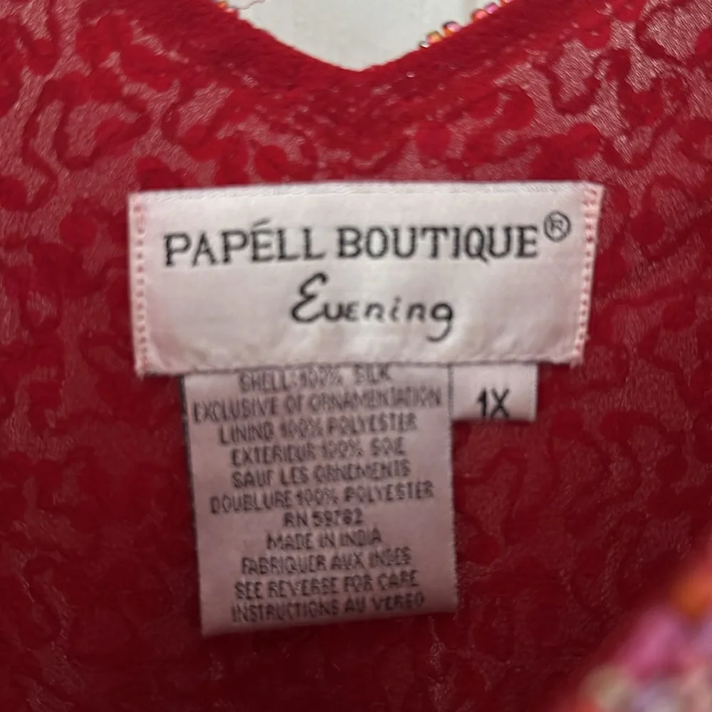 Vintage Papell Boutique Top 1X, Red Silk Embellished V Plunge, Flutter Sleeves - Picture 8 of 8